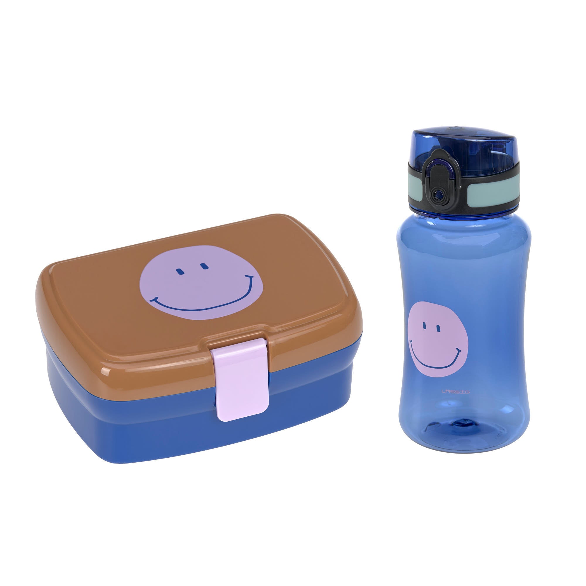 Smile Caramel and Blue Little Gang lunch box and water bottle set 