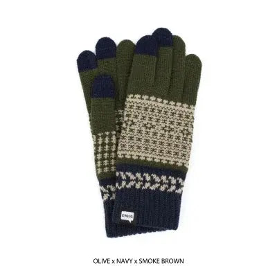 Gants Tactiles - Fleur Kaki, Beige & Bleu - Laine