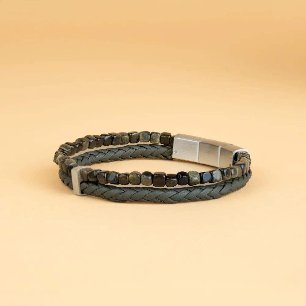 Bracelet Double Pierre Obsidienne - Cuir Vert - Gemini