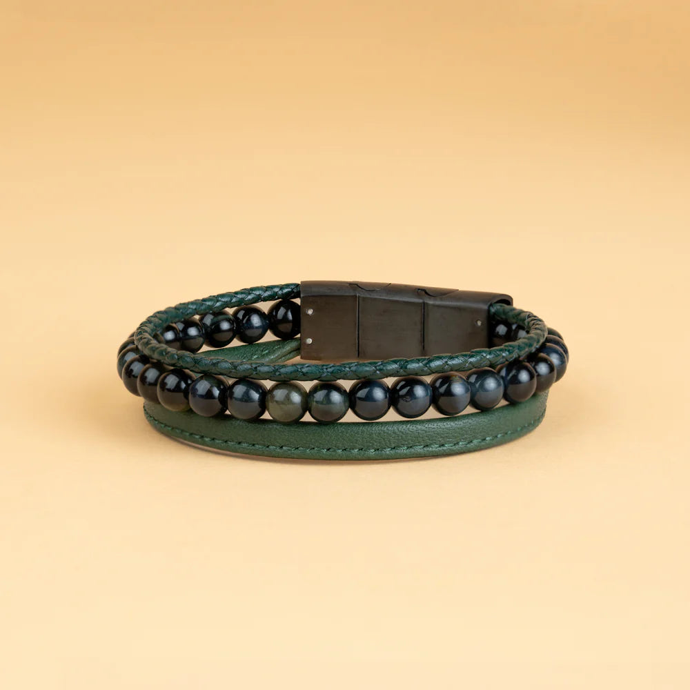 Bracelet Triple Oeil de Tigre - Cuir Vert - Gemini