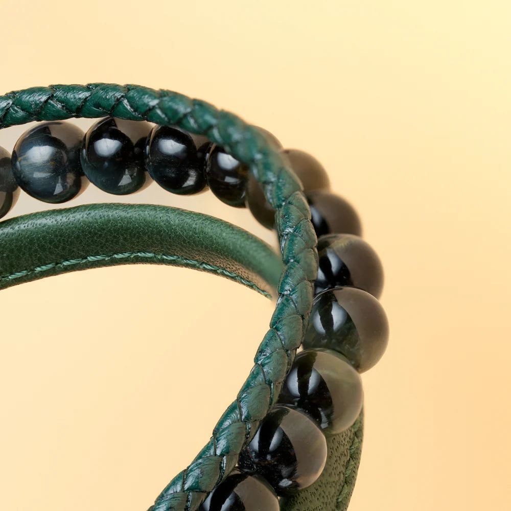 Bracelet Triple Oeil de Tigre - Cuir Vert - Gemini