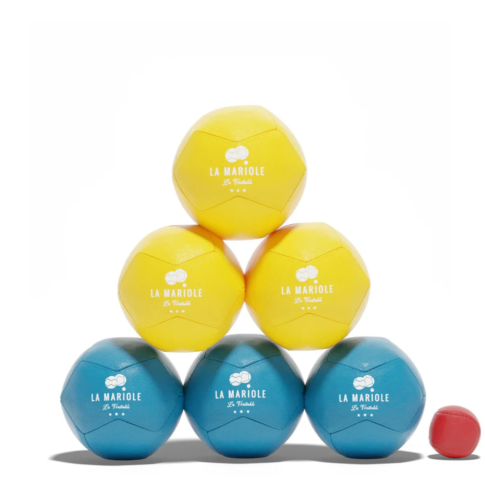 La Mariole jeu de boules ballen van gerecycled leer, geel en blauw