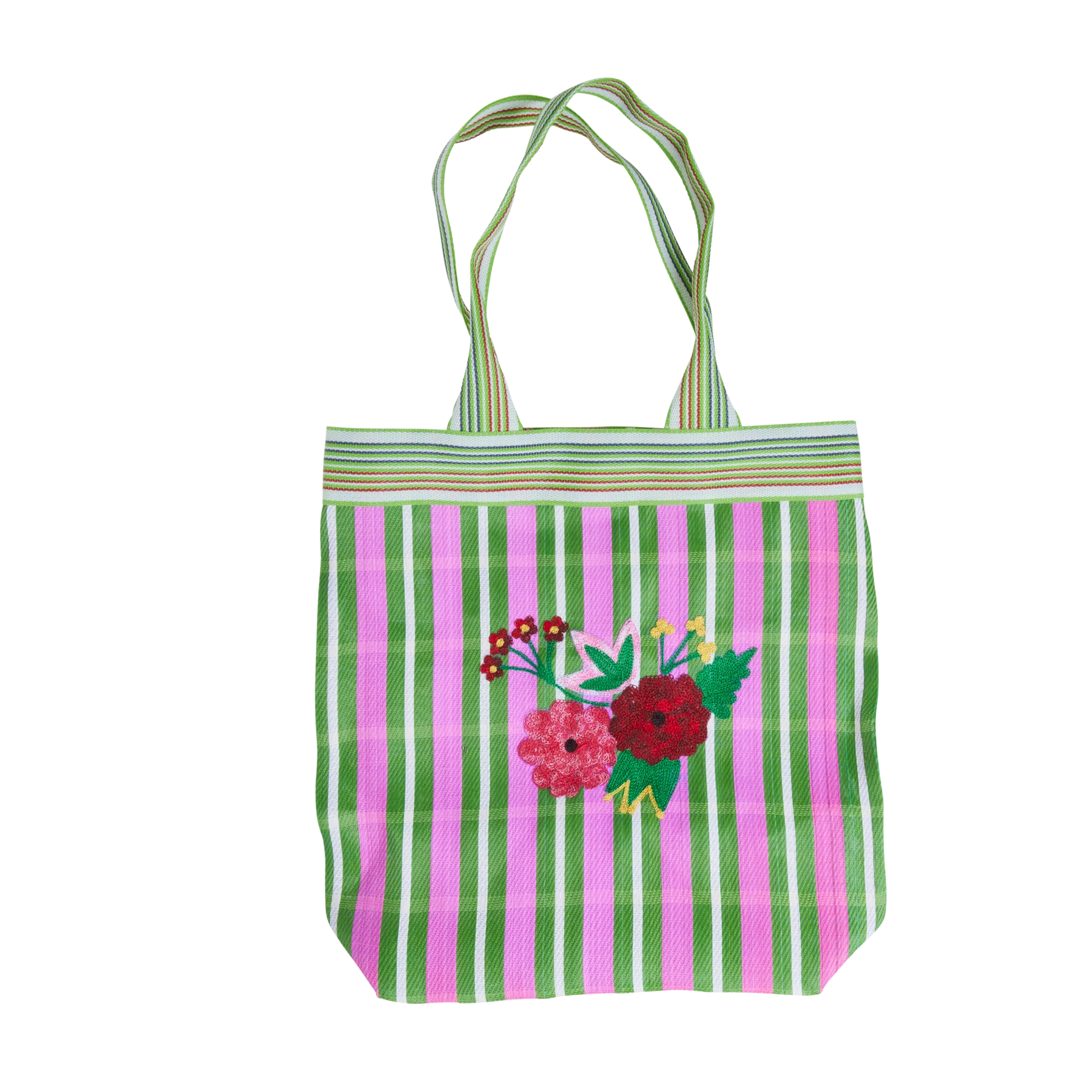 Recycled bag with flower embroidery - Green and Pink