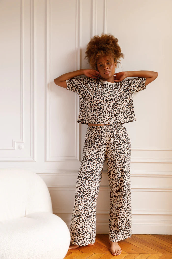 Pyjama long (manches longues ) en coton bio Leopard Beige