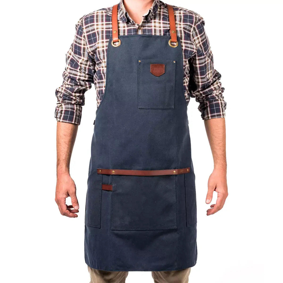 Waxed canvas apron with leather straps N°547 - Navy Blue