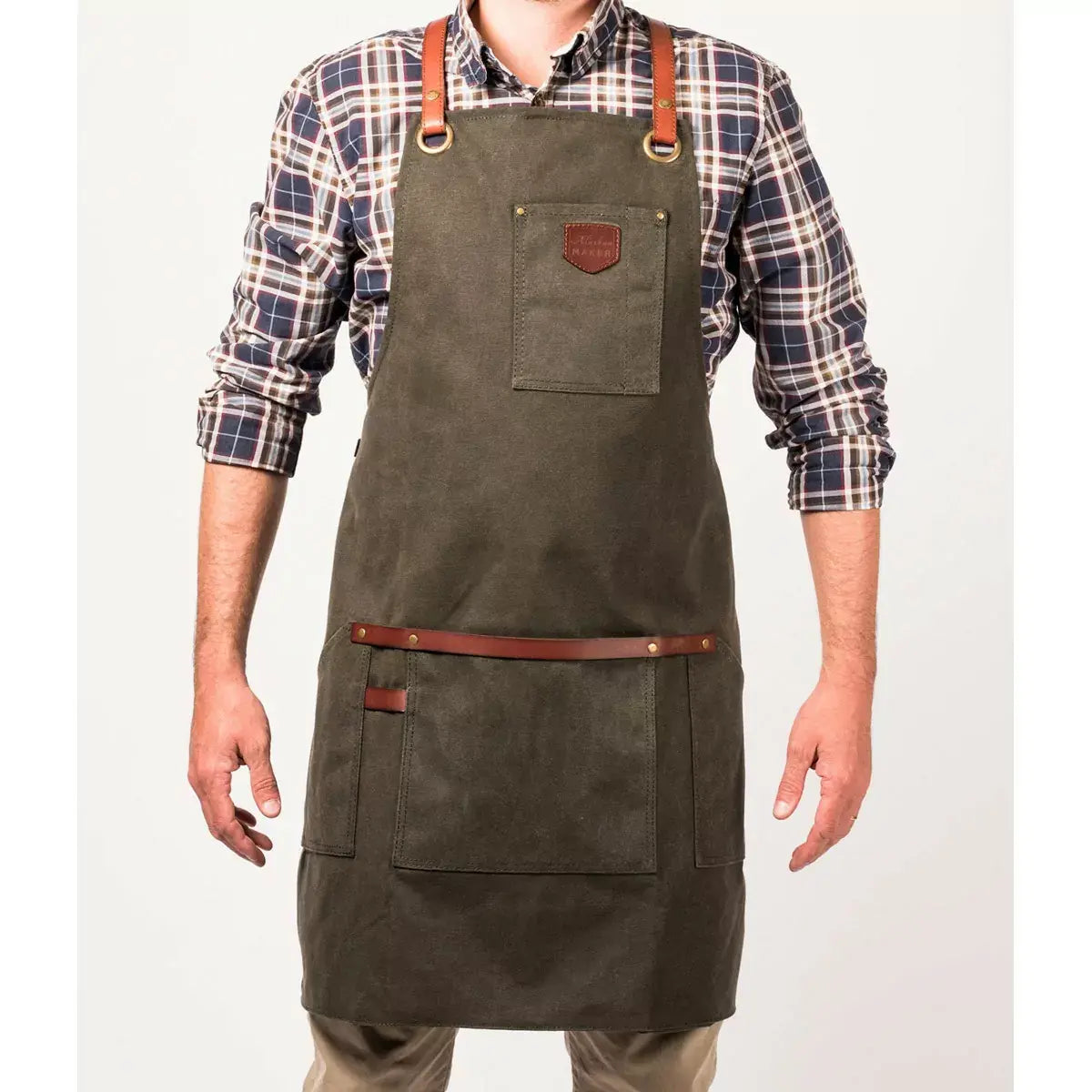 Waxed canvas apron with leather straps N°547 - Olive Green