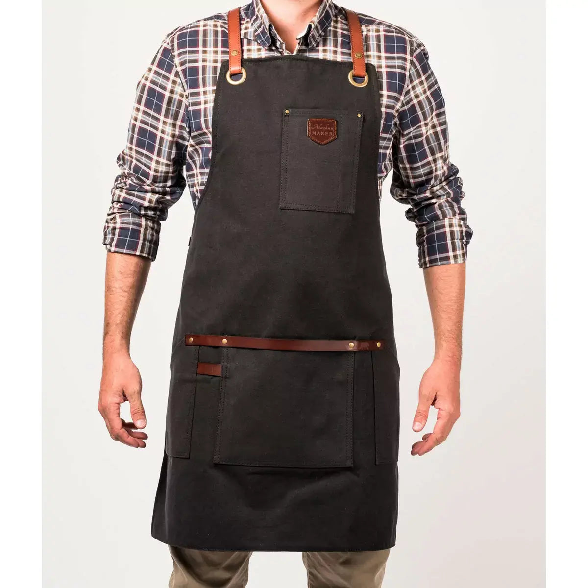 Waxed canvas apron with leather straps N°547 - Black