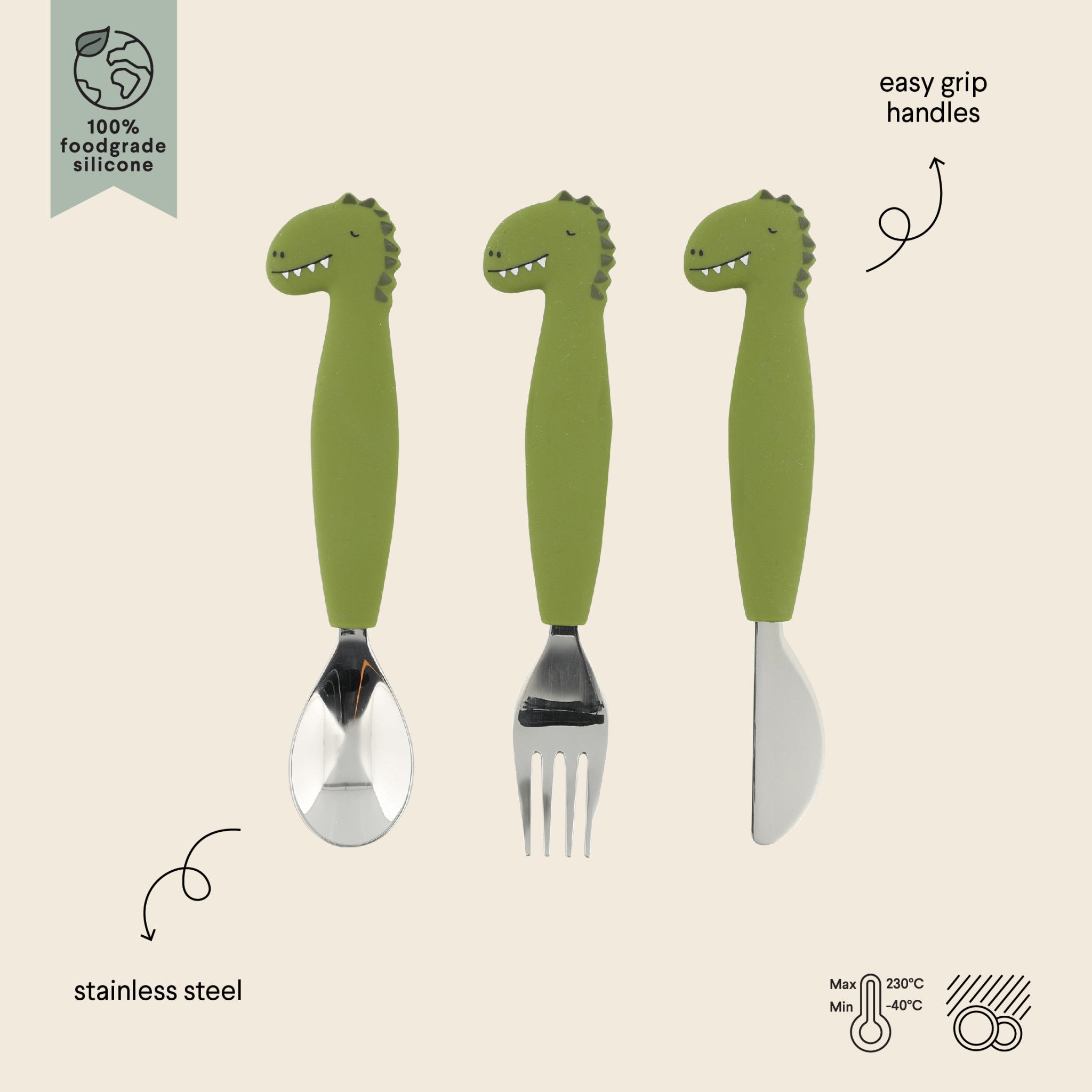 Set of Metal and Silicone Cutlery - Mr. Dino